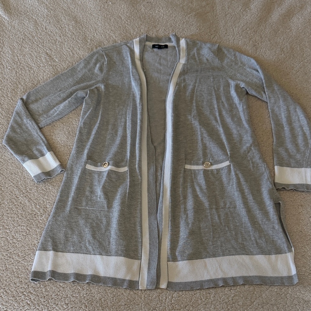 Verve Ami Gray and White Open Cardigan with Pocket Buttons Medium